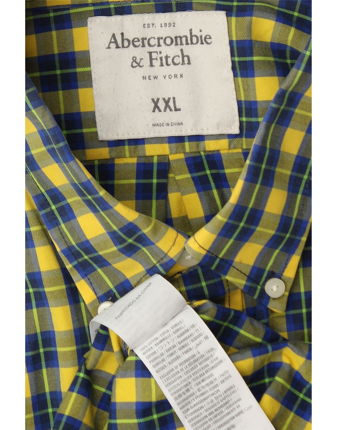 ABERCROMBIE & FITCH Camisa musculosa para hombre 2XL Algodón a cuadros amarillos