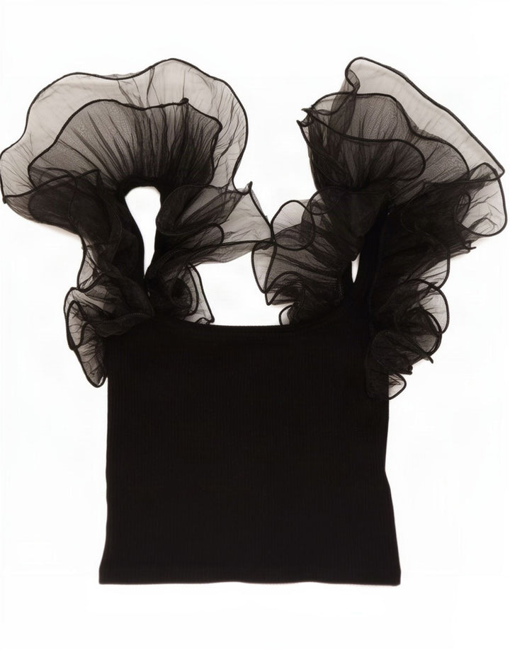 Zara Mujer Top Corto Con Volantes Delanteros Reino Unido 42 Mediano Negro