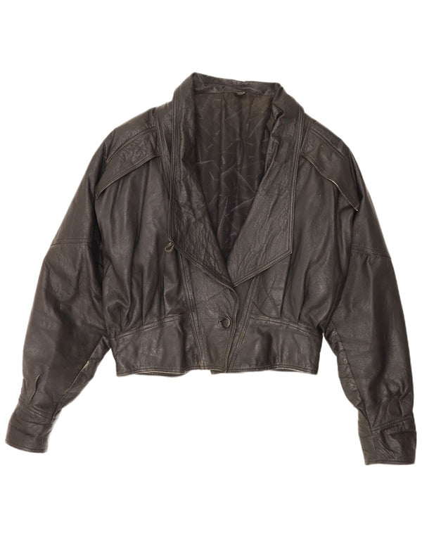 Vintage mujer crop chaqueta de cuero de gran tamaño Reino Unido 18 XL cuero negro