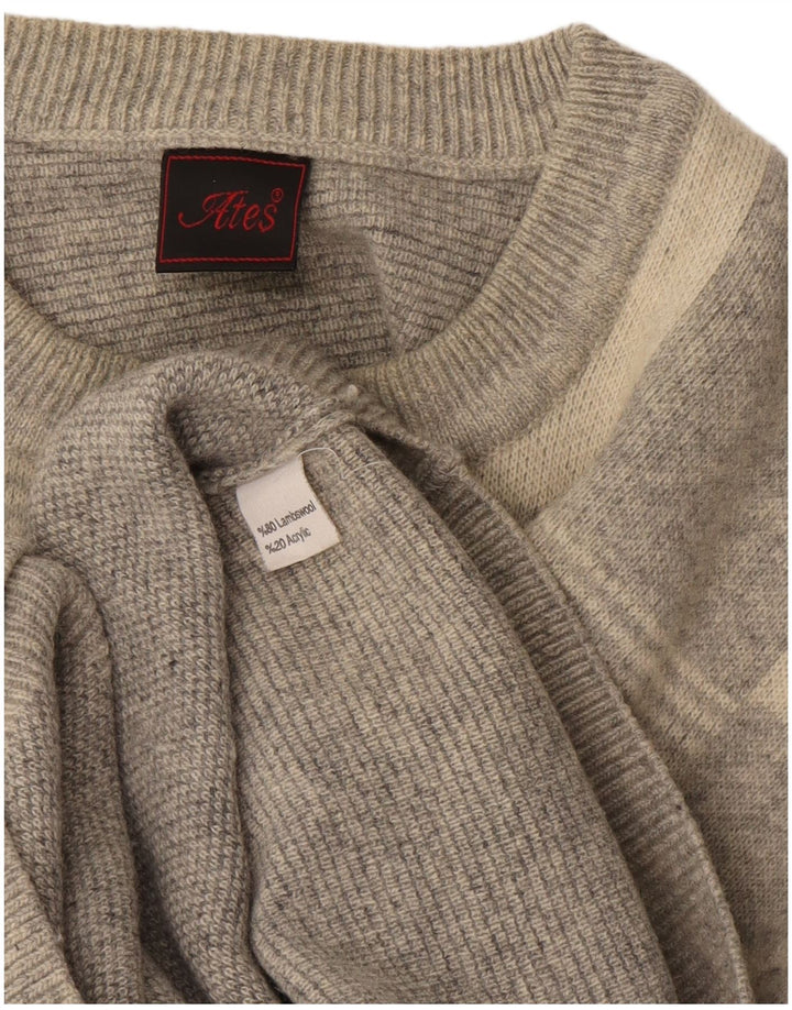Vintage hombres cuello redondo jersey suéter XL gris comprobar lana de cordero