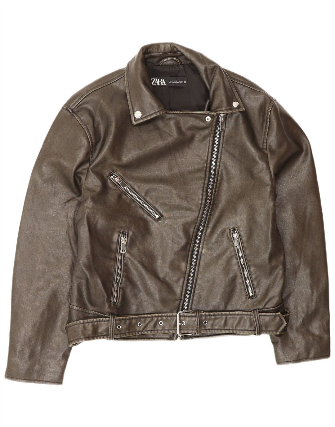 Zara Chaqueta motera extragrande de cuero para mujer UK 10 Small Marrón Poliéster