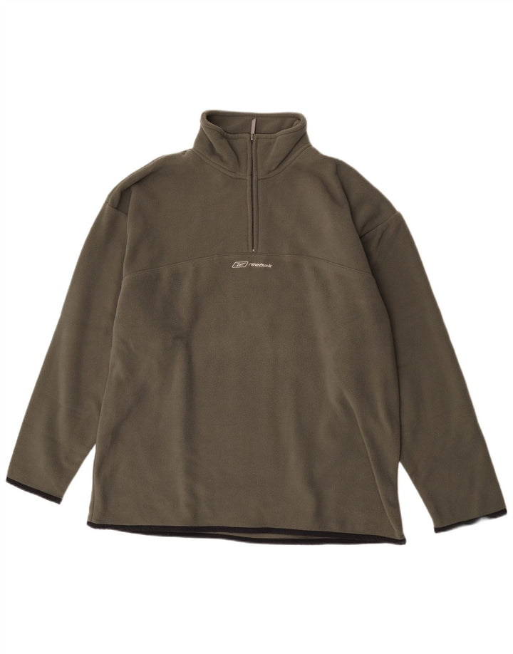 Reebok Jersey de forro polar con cremallera y cuello para hombre, poliéster caqui grande