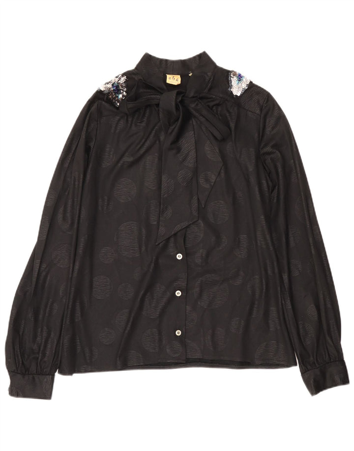 Vintage mujer frente corbata camisa blusa IT 46 gran lunar negro