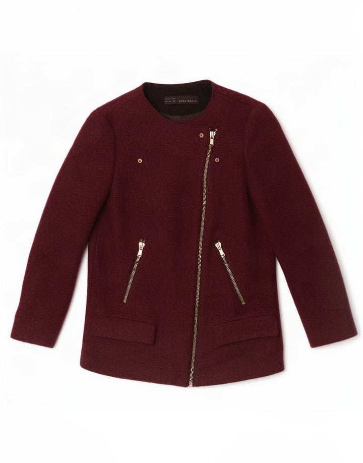 Zara Chaqueta Blazer con Cremallera Completa para Mujer UK 40 Lana Burdeos Mediana