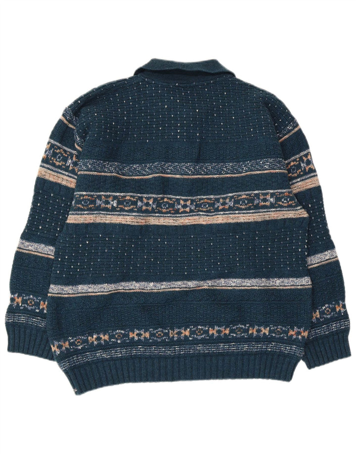Polo Norte Hombre Polo Cuello Jersey Suéter Lana Fair Isle Azul Medio