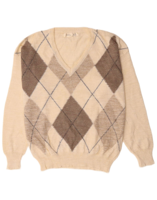 Vintage Mens V-Neck Jumper Sweater XL White Argyle/Diamond Linen