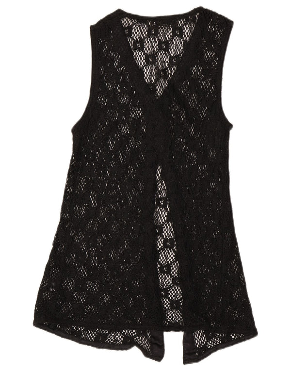 Vintage mujeres sin mangas ver a través de Cardigan Top Reino Unido 12 Negro Medio