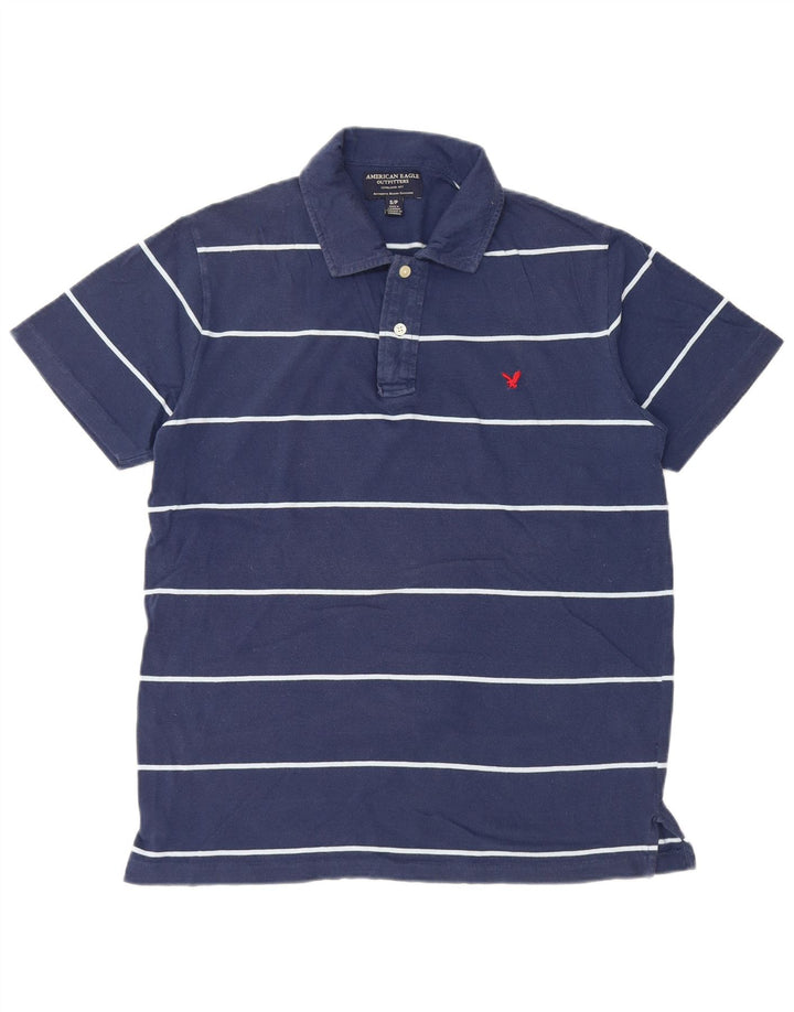 American Eagle Polo para hombre pequeño de algodón a rayas azul marino