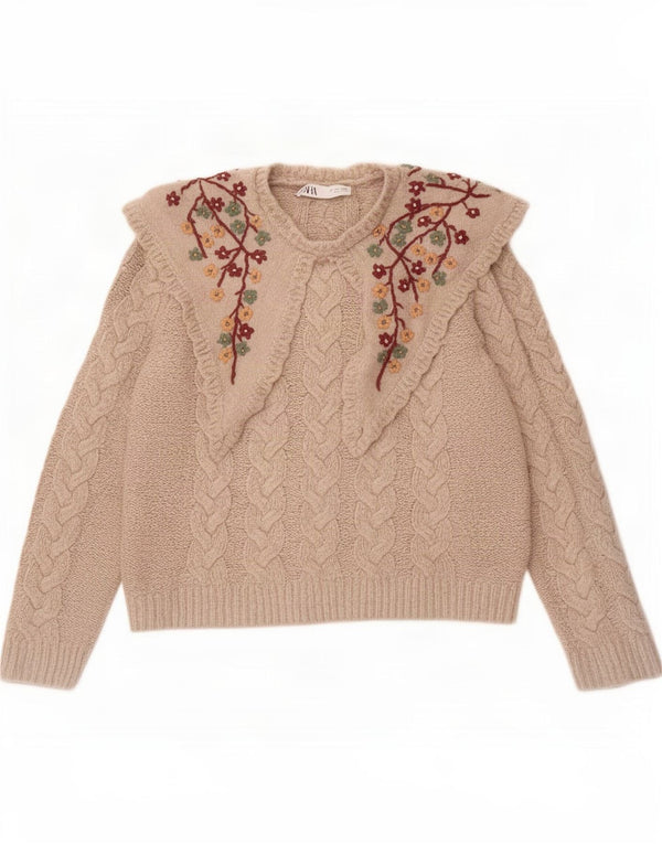 Zara - Jersey de cuello redondo para mujer, talla 40, talla grande, color beige floral