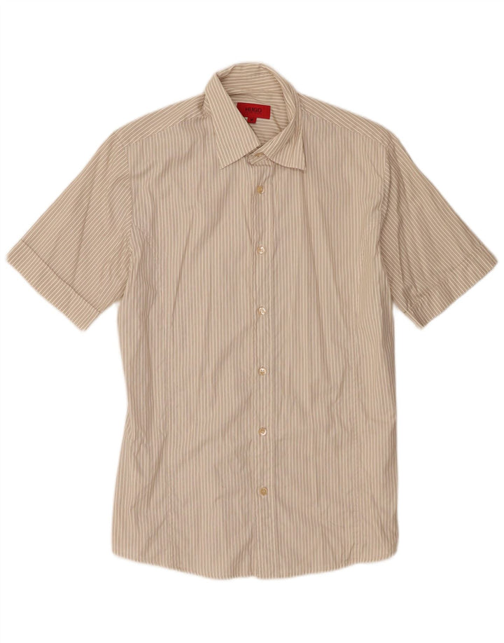Camisa Hugo Boss Hombre Manga Corta Algodón Rayas Beige Medio