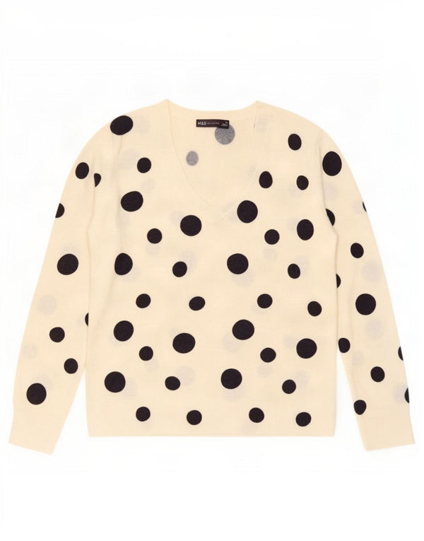Marks & Spencer Womens V-Neck Jumper Sweater UK 10 Small White Spotted