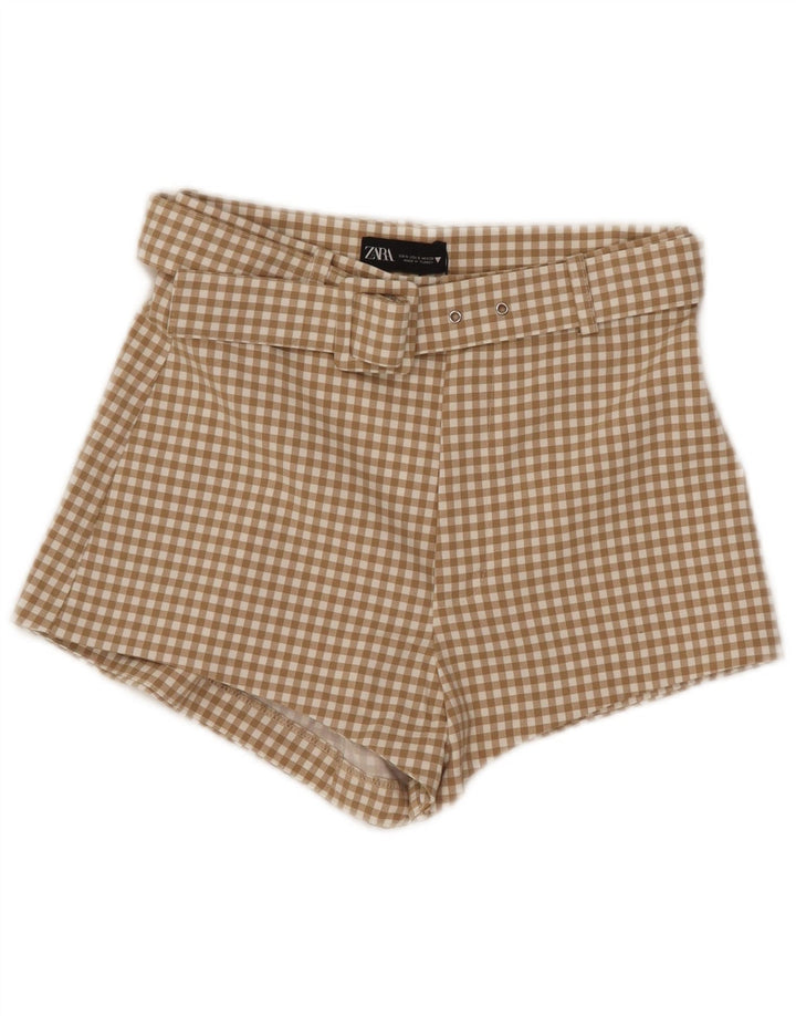 Zara Mujer Pantalones Cortos De Cintura Alta Pequeños W26 Beige Gingham Poliéster