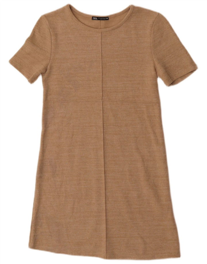 Zara Mujer Vestido Recto UK 8 Pequeño Algodón Beige