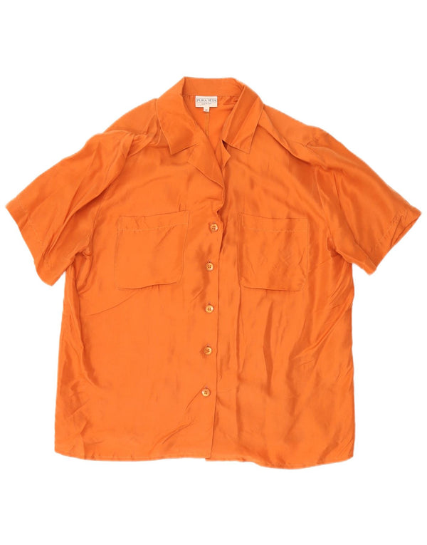 Vintage mujer camisa de manga corta blusa Reino Unido 14 seda naranja mediana