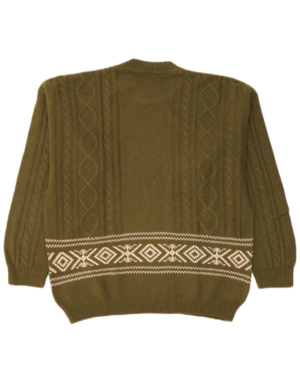 Lemon - Jersey con cuello redondo para hombre, talla XL, color caqui, lana Fair Isle