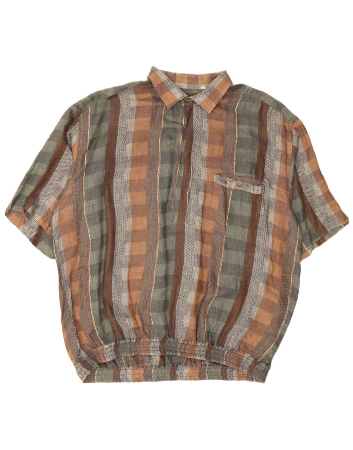 Vintage hombres manga corta pullover camisa XL multicolor check lino