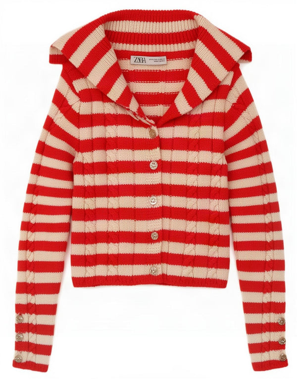 Zara Mujer Cárdigan Suéter UK 4 XS Rojo Rayas Acrílico