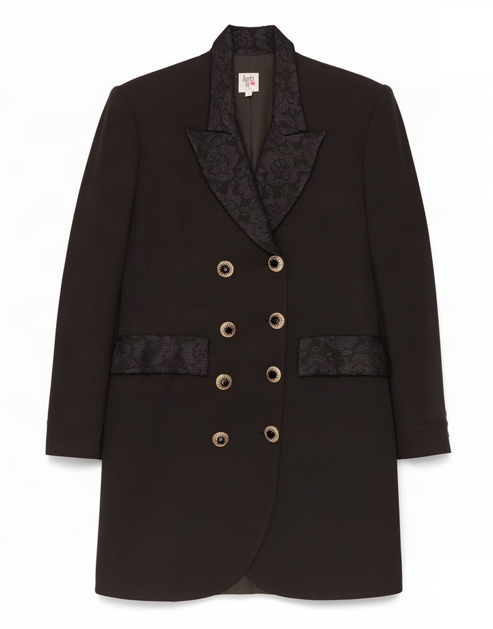 Vintage mujer doble pecho abrigo Reino Unido 10 pequeña lana negra