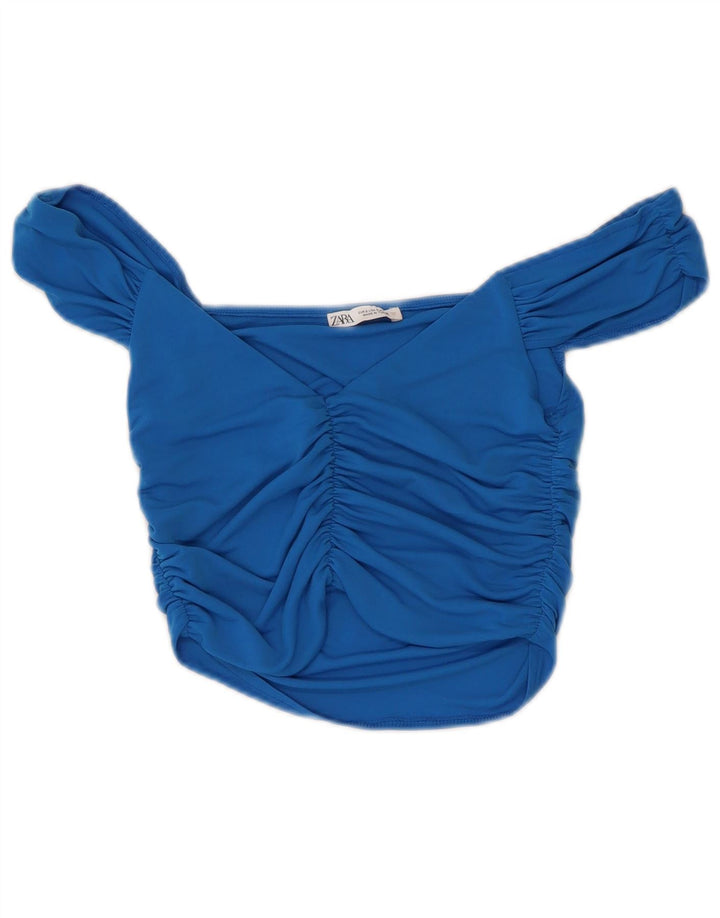 Zara Top corto con hombros descubiertos para mujer UK 8 Small Poliéster azul