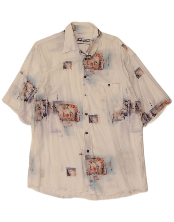 Vintage hombres camisa de manga corta gran patchwork blanco