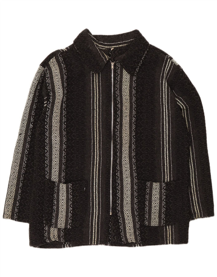 Vintage hombres Cardigan suéter XL negro geométrico lana azteca