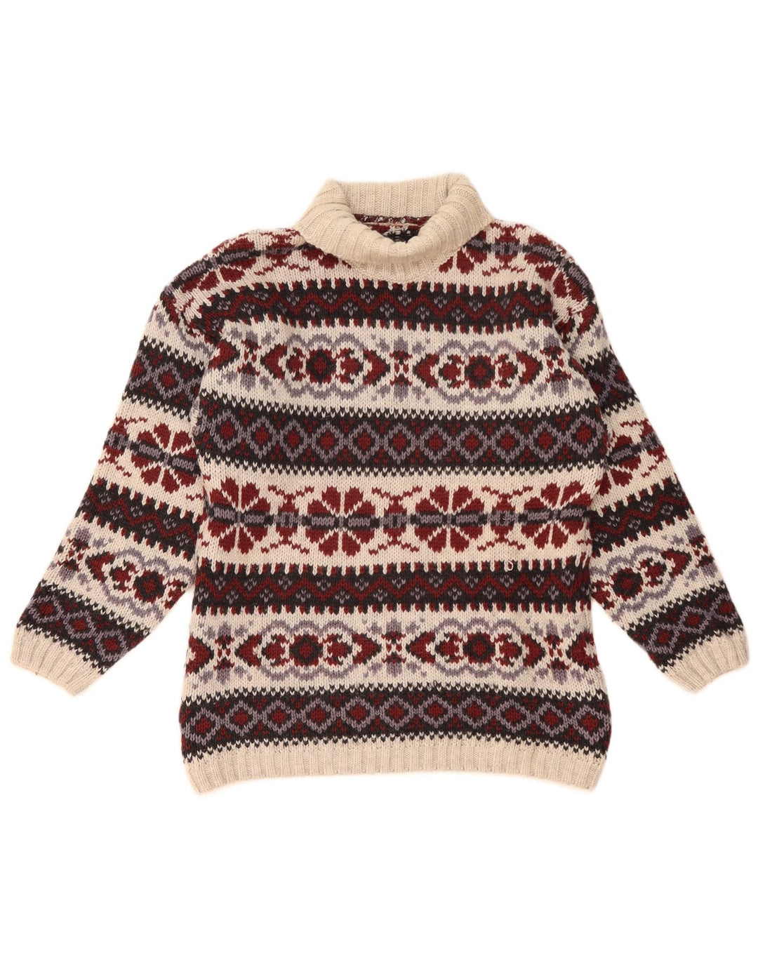 Vintage hombres rollo cuello jersey suéter medio multicolor Fair Isle lana