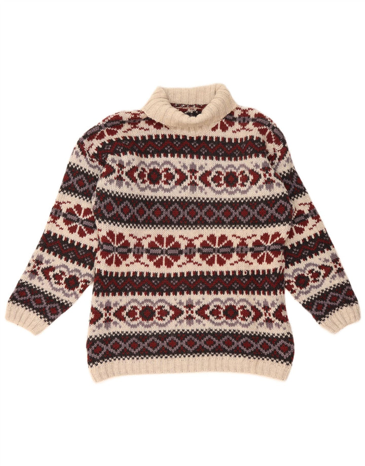 Vintage hombres rollo cuello jersey suéter medio multicolor Fair Isle lana