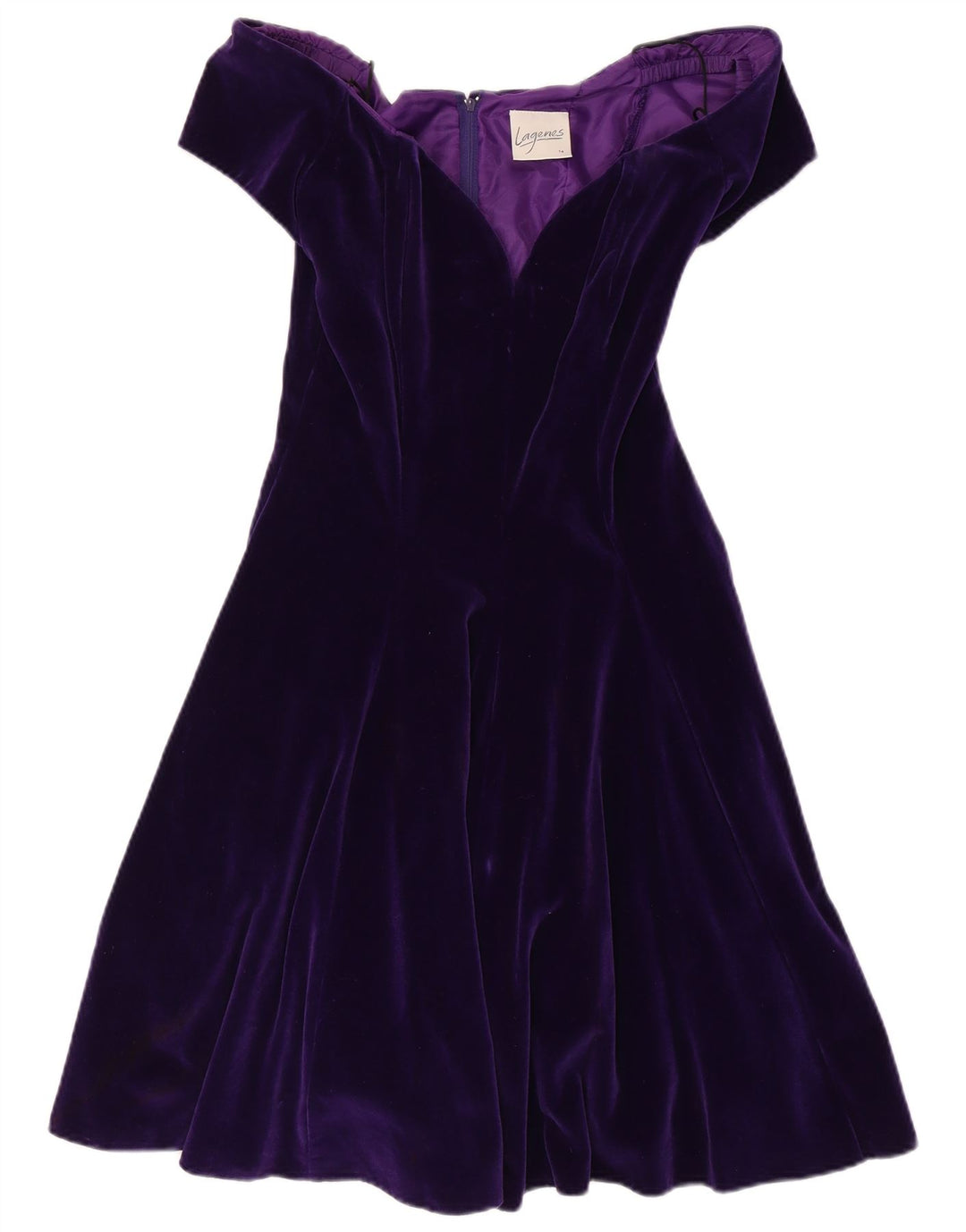 VINTAGE Mujer Terciopelo Fuera Hombro Vestido Reino Unido 14 Algodón Púrpura Medio