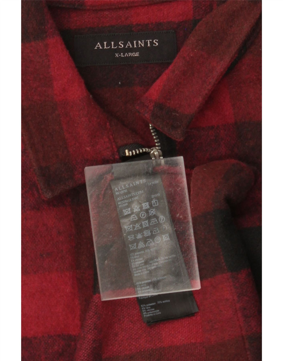 ALL SAINTS Camisa de franela para hombre XL Poliéster a cuadros rojo