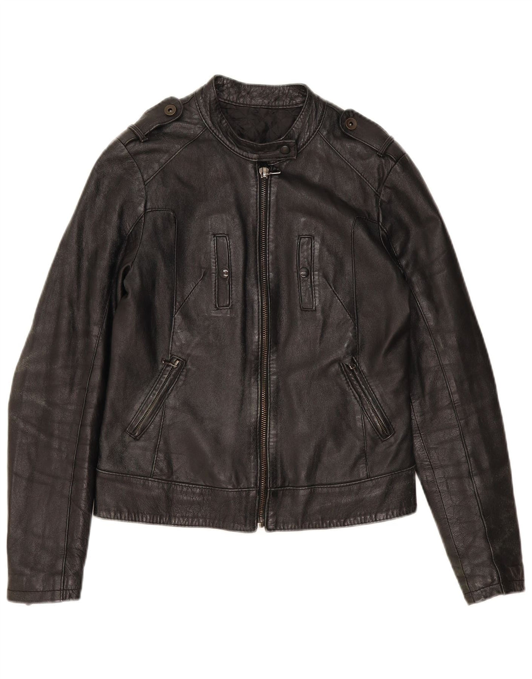 Vintage mujer cuero biker chaqueta Reino Unido 12 cuero negro medio