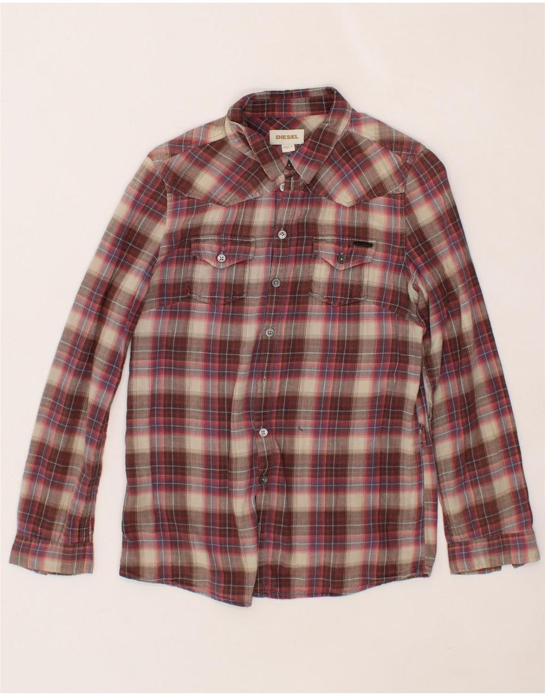 DIESEL Boys Shirt 14-15 Years Small Maroon Check Vintage Diesel and Second-Hand Diesel from Messina Hembry 