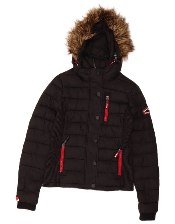 Superdry Mujer Chaqueta Acolchada Con Capucha UK 40 Small Poliéster Negro