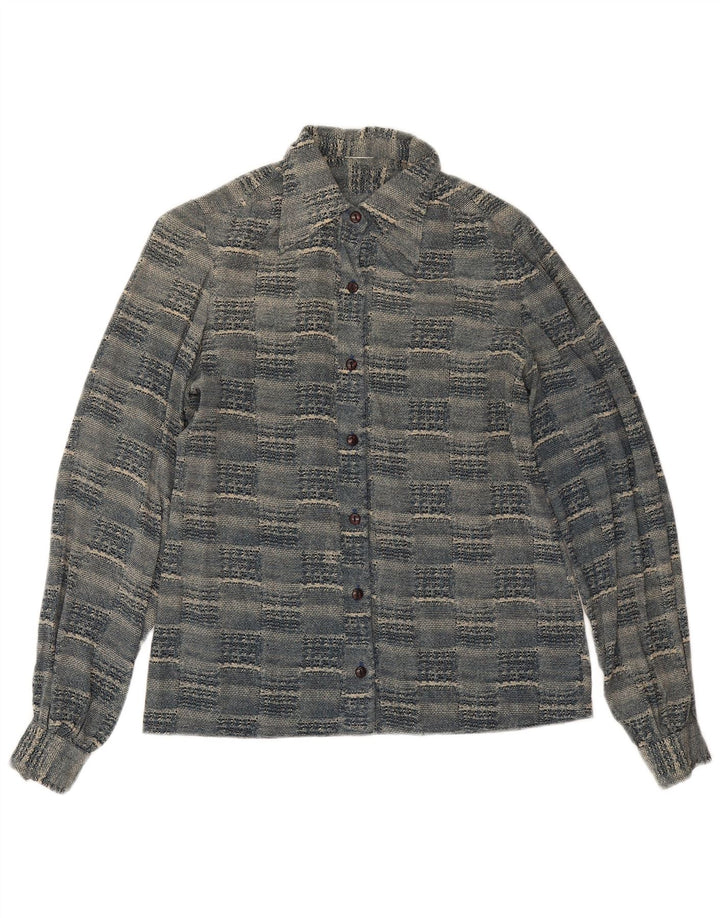 Vintage camisa de mujer Reino Unido 12 azul medio geométrico