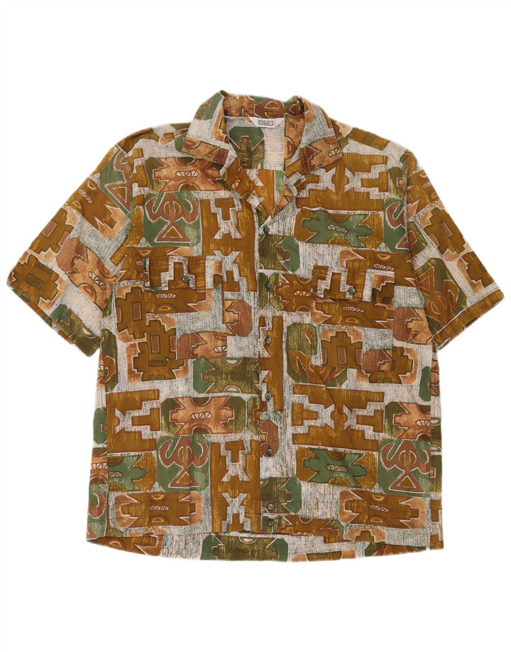 Vintage hombres camisa de manga corta medio caqui geométrico