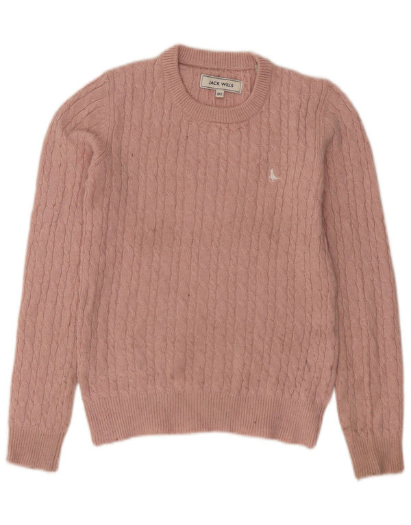 Jack Wills Suéter de cuello redondo para mujer UK 8 Small Pink Merino Wool