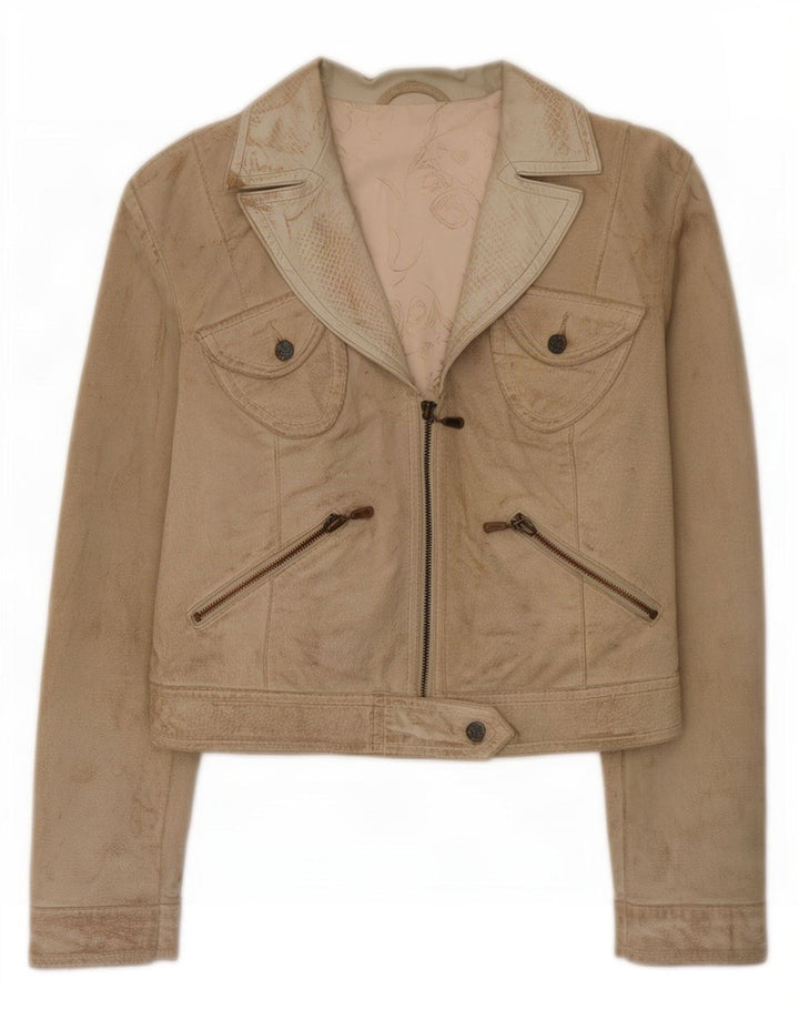 J.J.Scott Chaqueta motera de ante con gráfico corto para mujer IT 44 Cuero gris medio