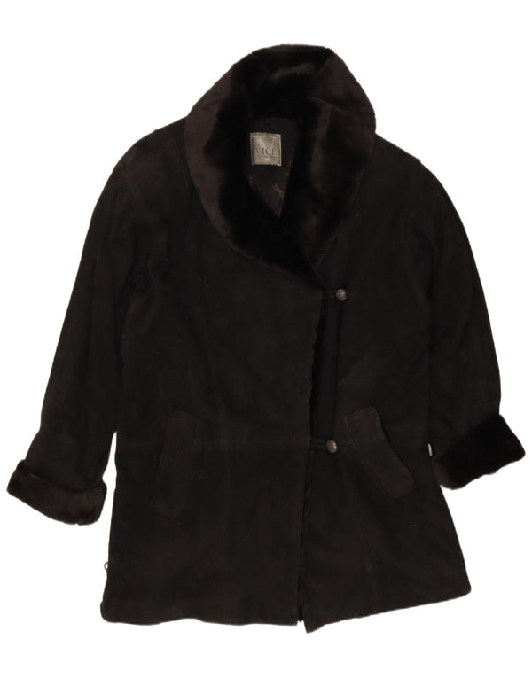 Vintage mujer ante overcoat abrigo EU 38 cuero negro medio