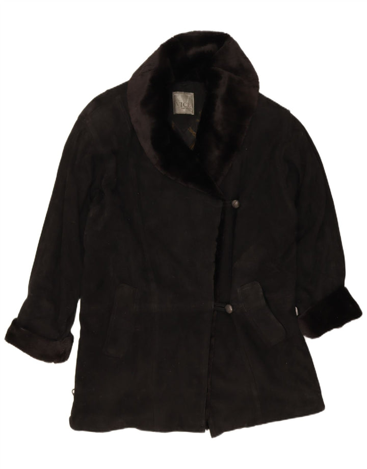 Vintage mujer ante overcoat abrigo EU 38 cuero negro medio