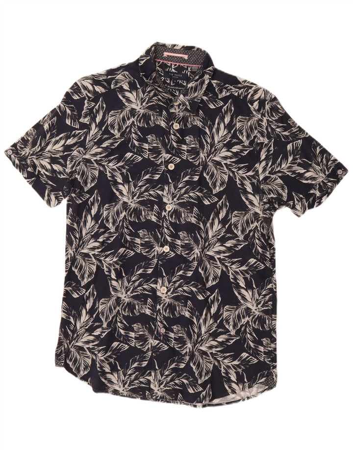 Ted Baker Camisa de manga corta para hombre Talla 3 Mediana Azul marino Algodón floral