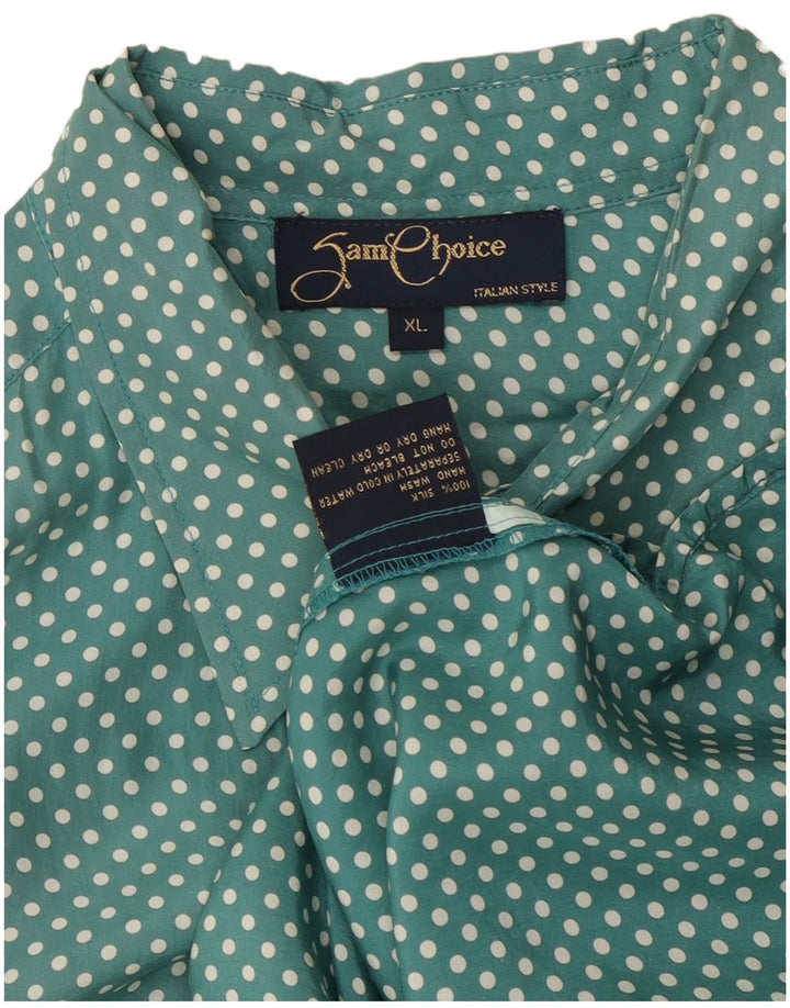 VINTAGE Camisa de manga corta para hombre XL Seda manchada verde