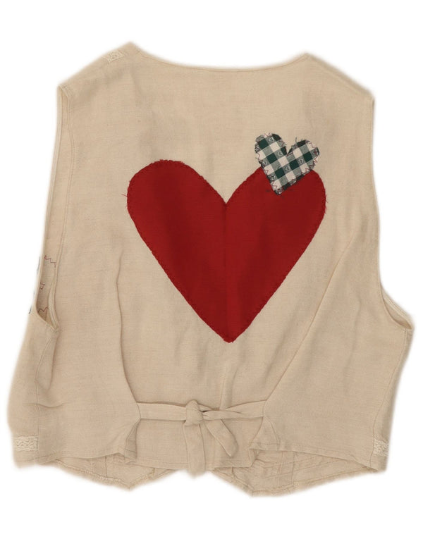 Vintage mujer chaleco Reino Unido 14 medio beige floral algodón corazón