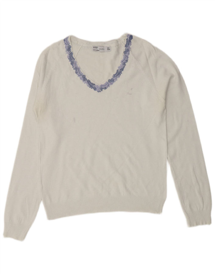 ZARA Jersey con cuello en V para mujer UK 44 Large Algodón blanco