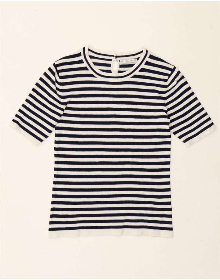 Zara Camiseta Mujer Top UK 40 Mediano Azul Marino Rayas
