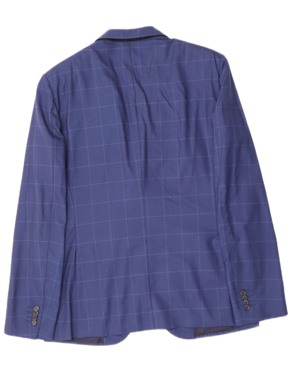 VINTAGE Chaqueta Blazer de 2 Botones para Hombre IT 48 Lana Virgen a Cuadros Azul Medio