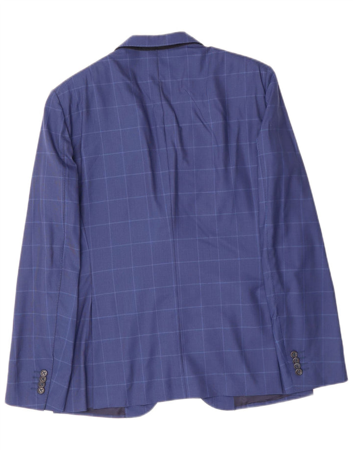 VINTAGE Chaqueta Blazer de 2 Botones para Hombre IT 48 Lana Virgen a Cuadros Azul Medio
