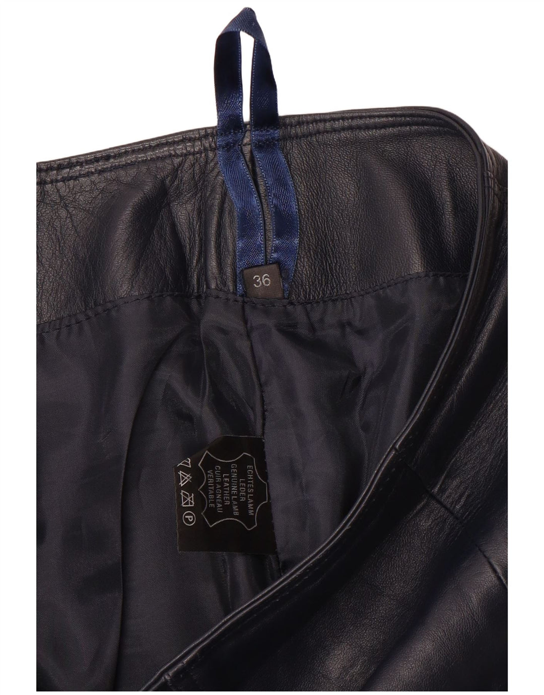 Vintage mujer mini falda de cuero EU 36 pequeño W28 cuero azul marino