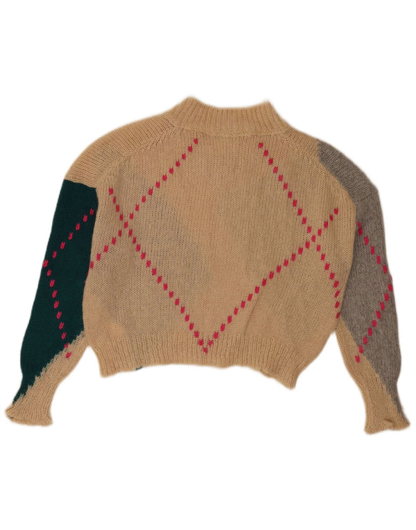 Benetton Womens Crop V-Neck Jumper Sweater UK 6 XS Beige Argyle/Diamond