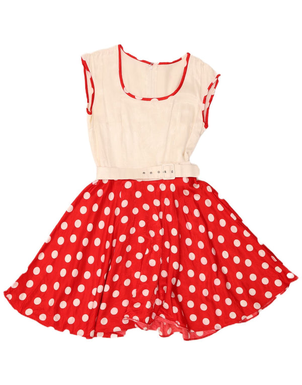 Vintage mujer sin mangas A-Line vestido Reino Unido 6 XS rojo lunares