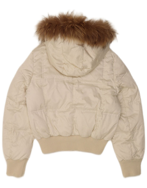 Vintage mujer chaqueta acolchada con capucha Reino Unido 14 nylon blanco medio