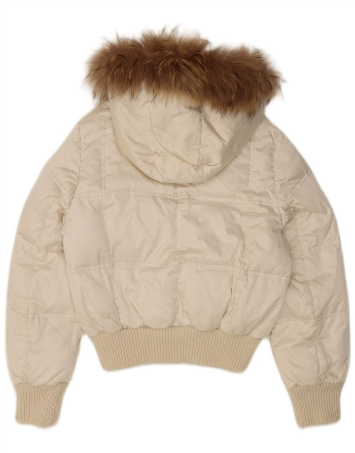 Vintage mujer chaqueta acolchada con capucha Reino Unido 14 nylon blanco medio